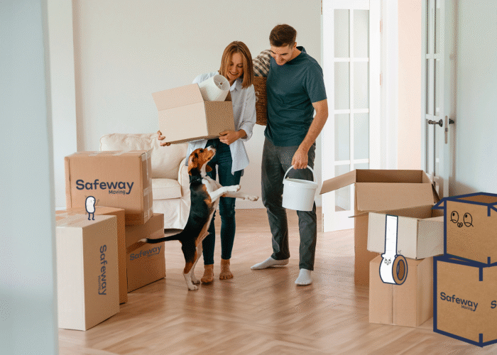 Family walking into their home filled with Safeway moving boxes