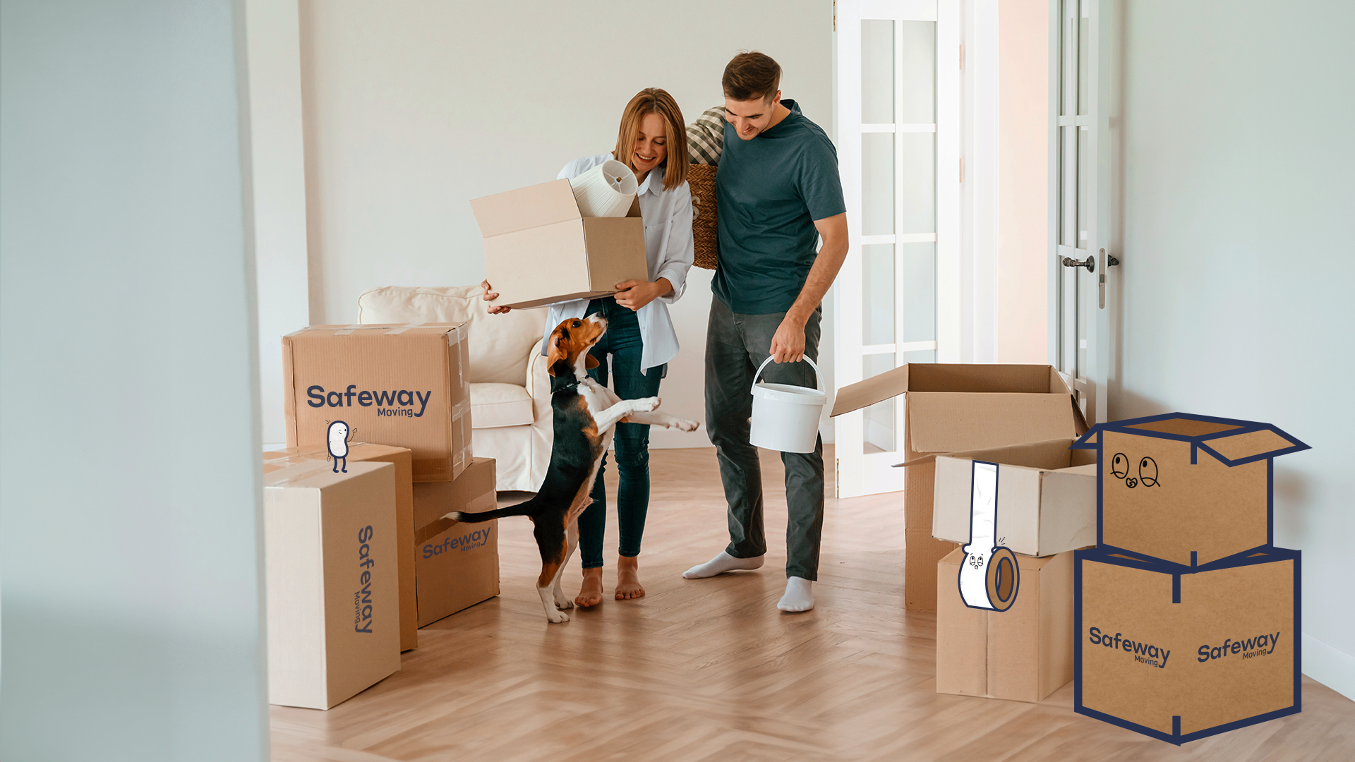 Family walking into their home filled with Safeway moving boxes