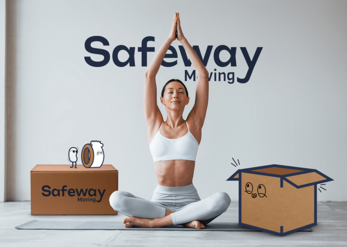 Women unpacked with Safeway Moving logo behind her