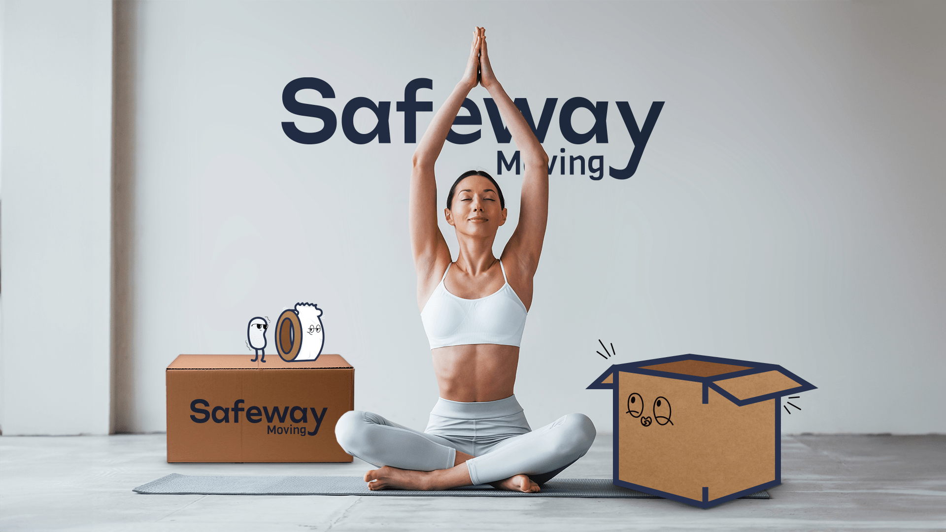 Women unpacked with Safeway Moving logo behind her