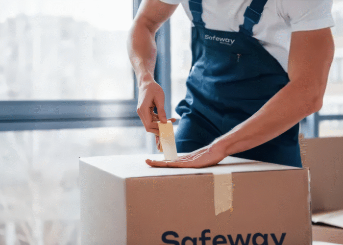 Safeway Movers taping up a moving box