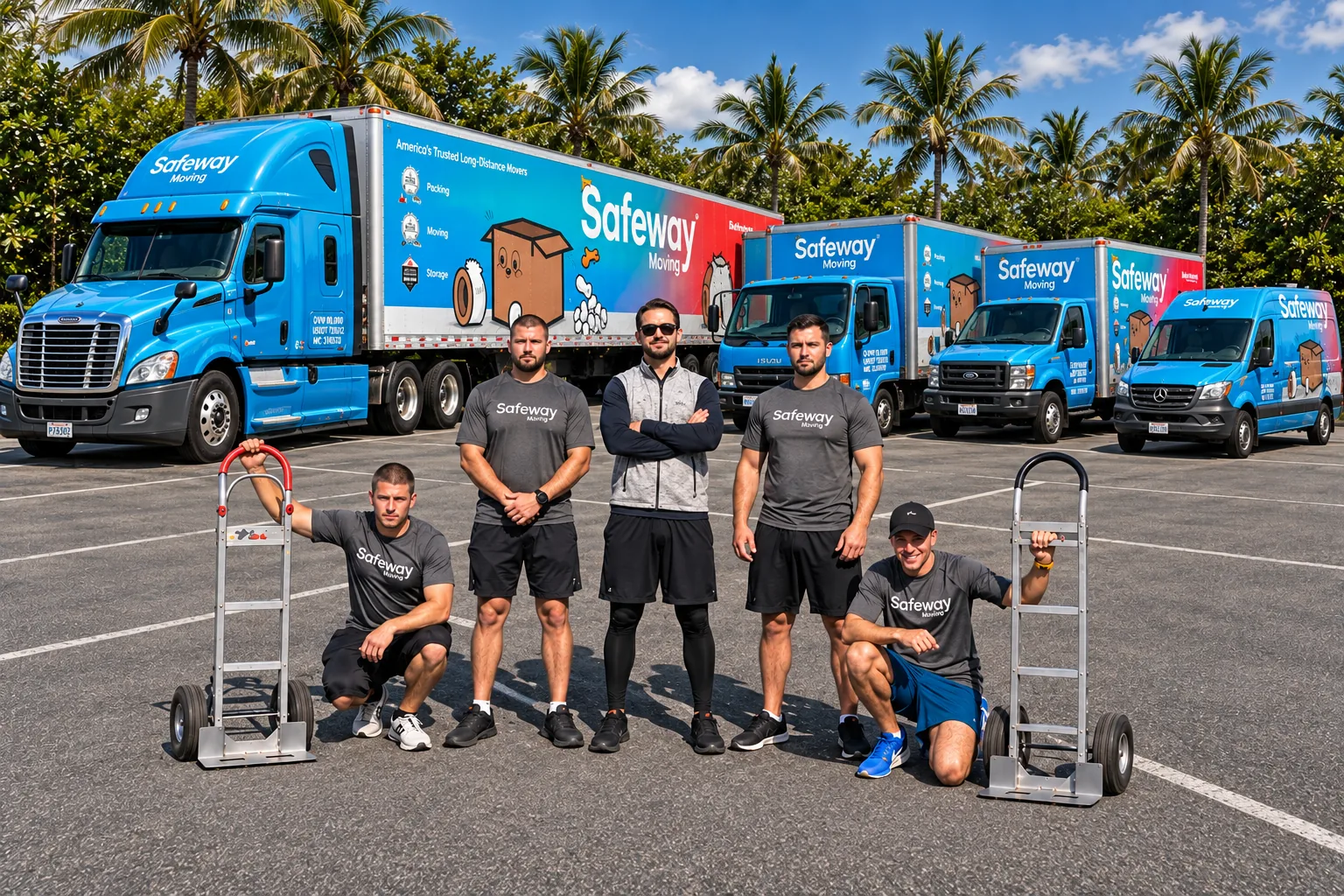Safeway Moving crew with hand trucks in front of the Safeway tractor-trailer, box trucks and van