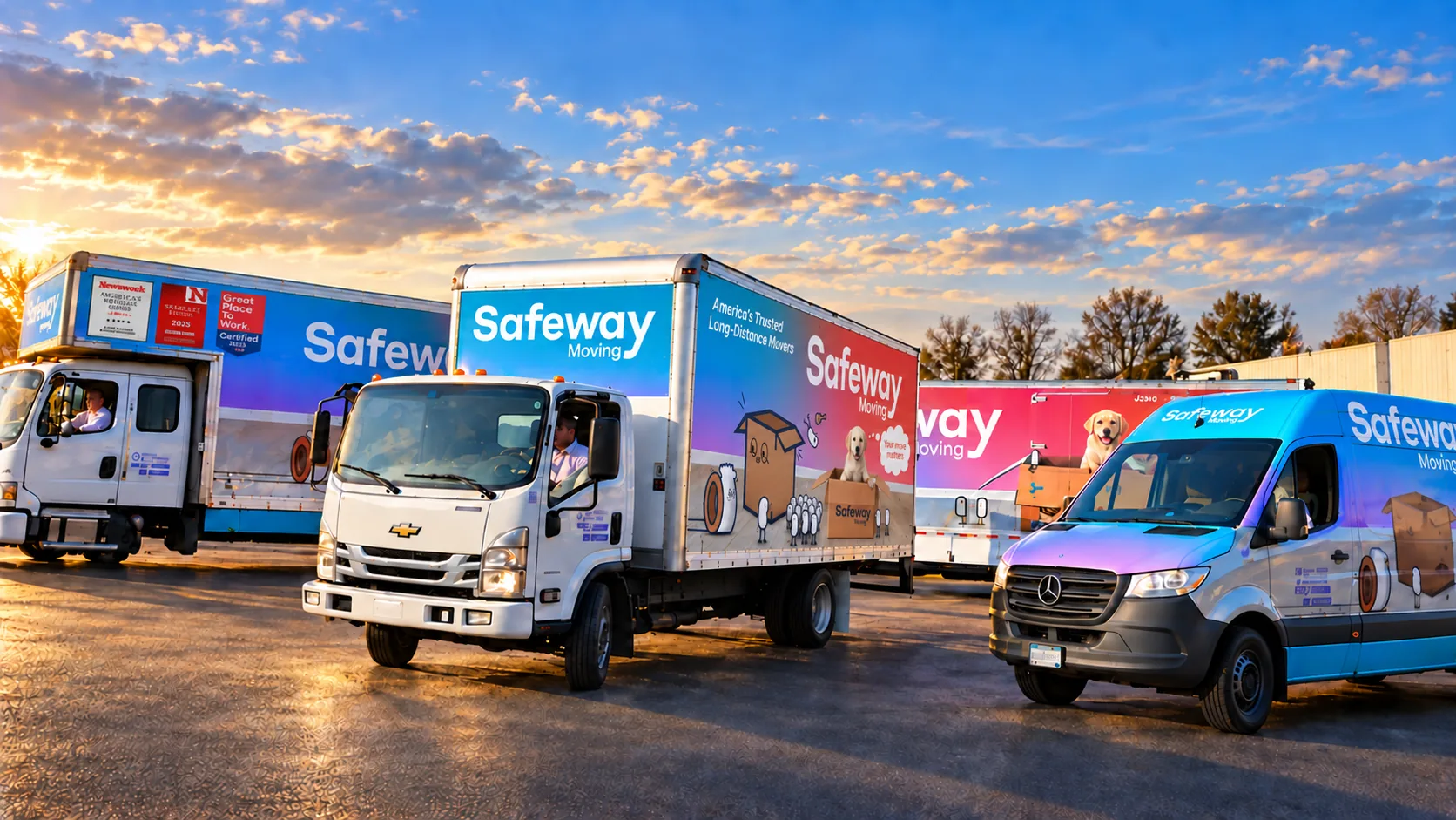 Safeway Moving box trucks and sprinter van parked at sunset